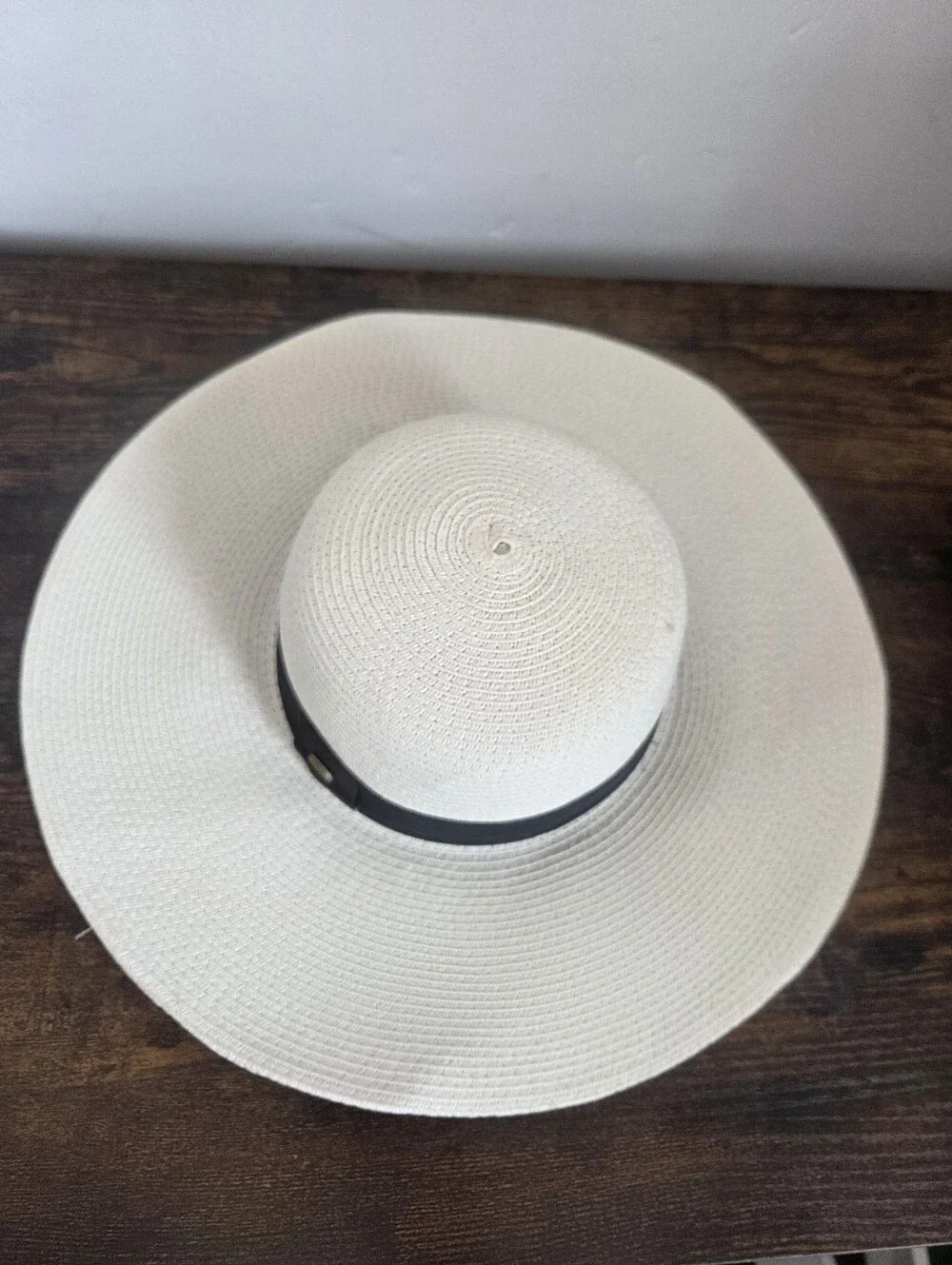 Angela William Straw Beach Sun Hat White Paper Black Band Resortwear Travel